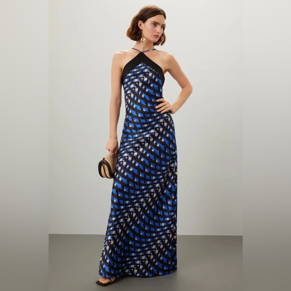 Chic Black and Blue Patterned Halter Maxi Dress